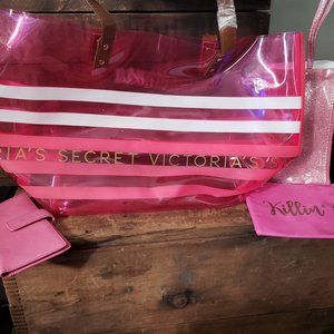 Pink Bag Lot - 1 Victoria Secret Tote, 1 Wallet, 2 zipper pouches